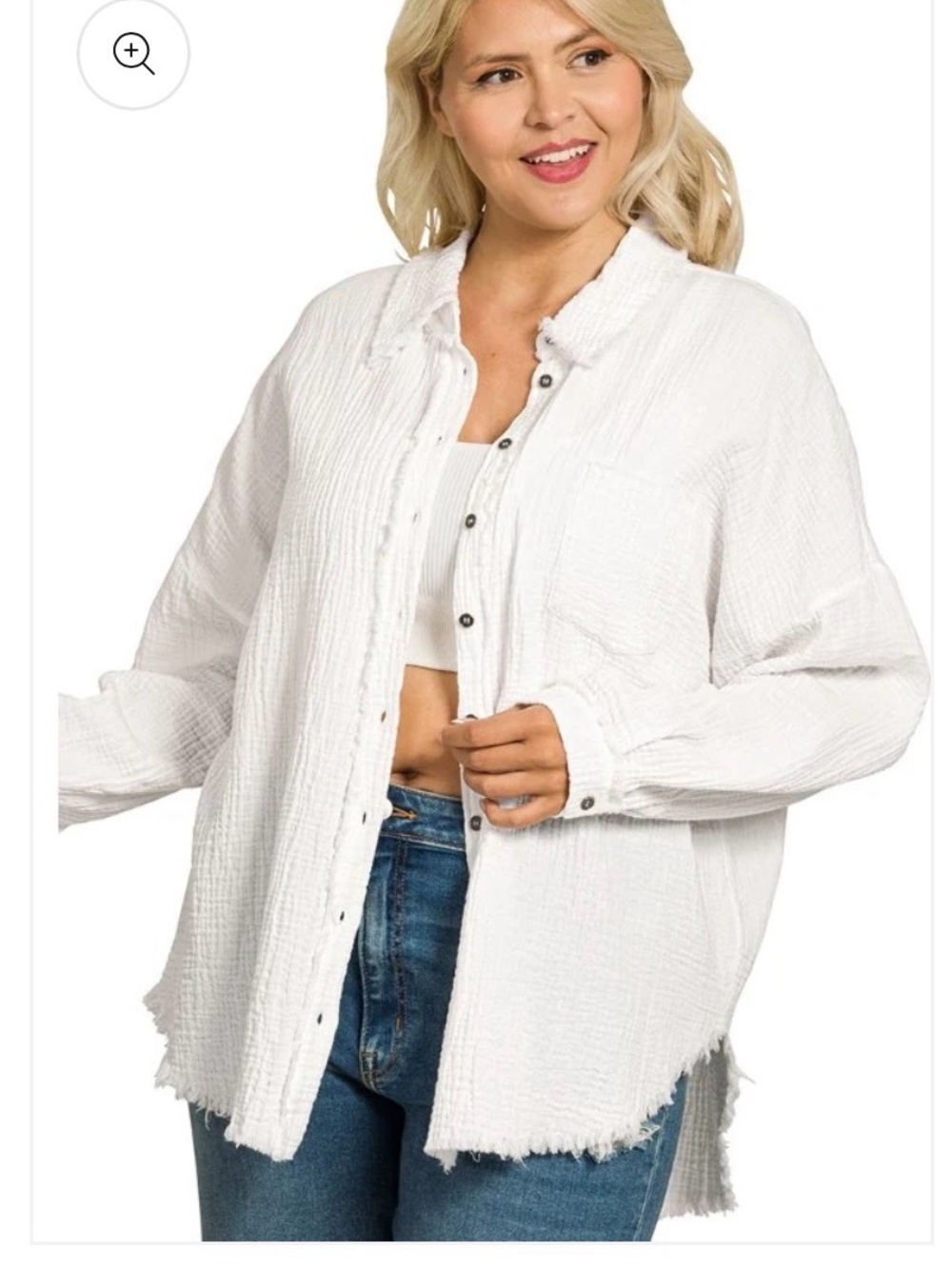 Zenana Outfitters White Button-Front Gauze Shacket with Raw-Edge Hem
